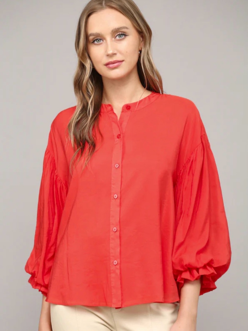 Fate Red Balloon-Sleeve Button Front Blouse ptp 23 length 27